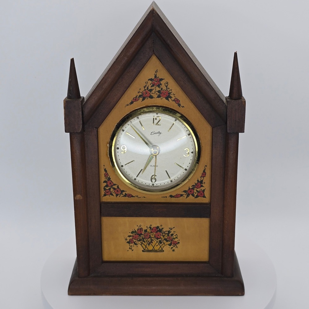 Vintage Bradley Wind Up Alarm Clock Wood Cathedral Mantel Clock Made Germany 60s
